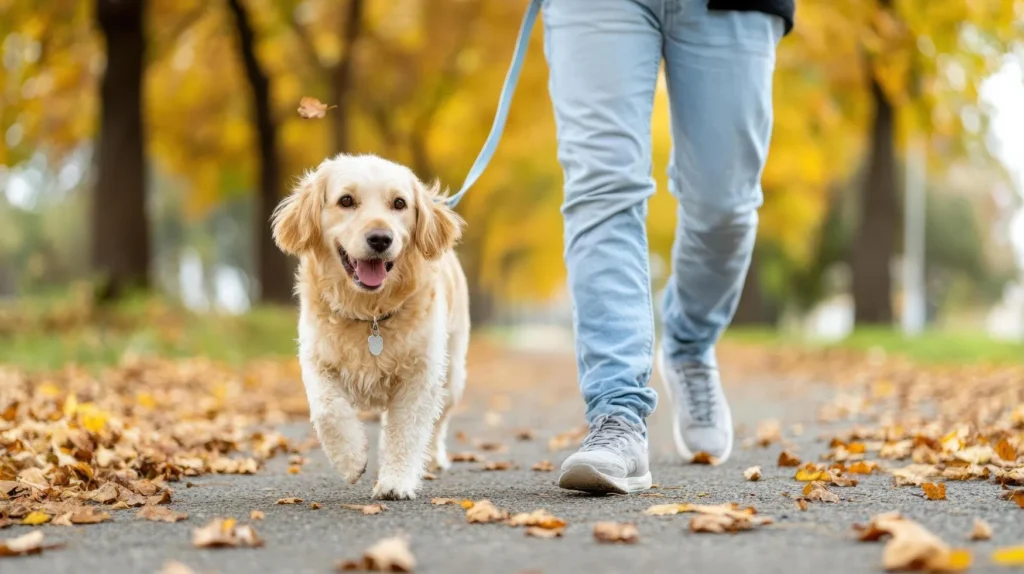 Dog walker providing professional dog walking service while walking a dog on leash outdoors