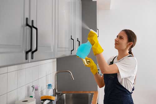 Home deep cleaning by professional cleaner for spotless and sanitized living spaces