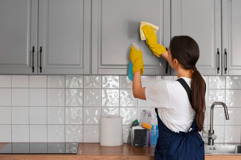 Professional home deep cleaning service cleaning kitchen cabinets and surfaces