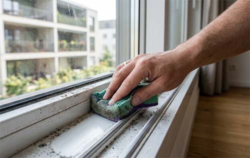 Easy Life Solution technician cleaning residential window sills for a spotless, streak-free home finish