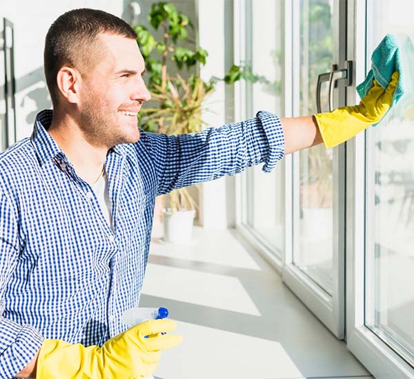 Residential window cleaning technician cleaning a home window for a streak free finish by Easy Life Solution