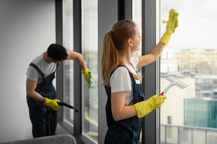 Easy Life Solution residential window cleaning professionals cleaning a homes exterior windows for a streak free finish