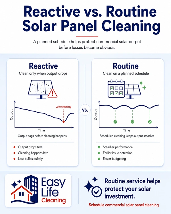 Infographic by Easy Life Cleaning Services comparing reactive versus routine solar panel cleaning performance graphs
