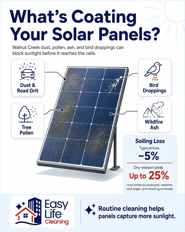 Infographic by Easy Life Cleaning Services showing solar panel soiling factors and energy loss in Walnut Creek