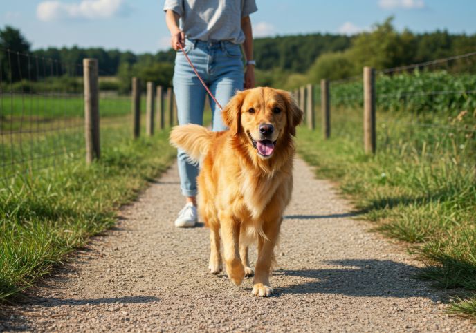 A pet dog on a leash with a pet walker from Easy Life Cleaning Services walking along a trail in Walnut Creek
