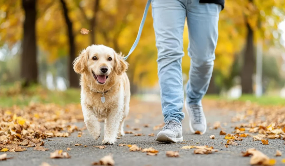 Dog walker providing professional dog walking service while walking a dog on leash outdoors